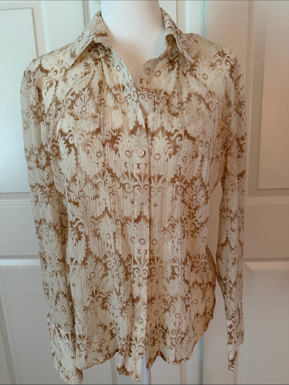 Ellen Tracy Silk Cream and Brown Button-Down Shirt